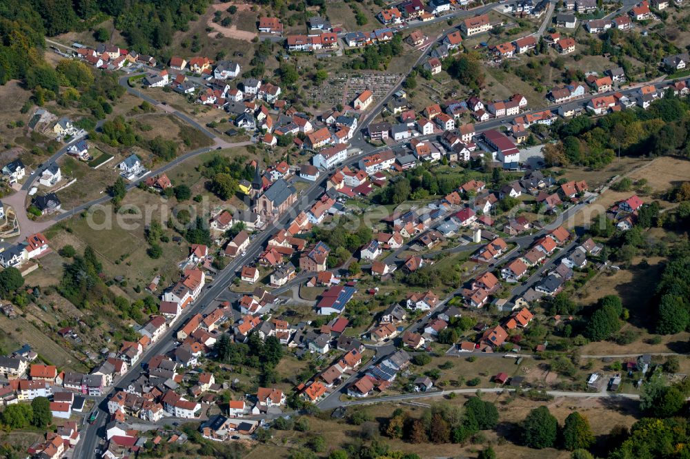 Rechtenbach from above - Residential area - mixed development of a multi-family housing estate and single-family housing estate in Rechtenbach in the state Bavaria, Germany