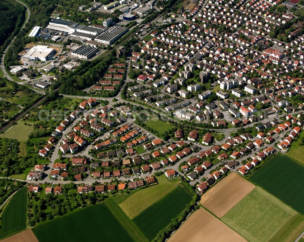 Schwaikheim from above - Residential area - mixed development of a multi-family housing estate and single-family housing estate in Schwaikheim in the state Baden-Wuerttemberg, Germany