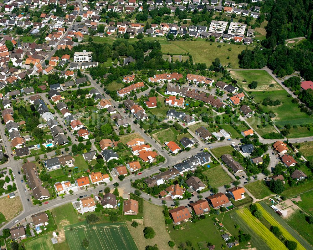 Aerial image Stupferich - Residential area - mixed development of a multi-family housing estate and single-family housing estate in Stupferich in the state Baden-Wuerttemberg, Germany