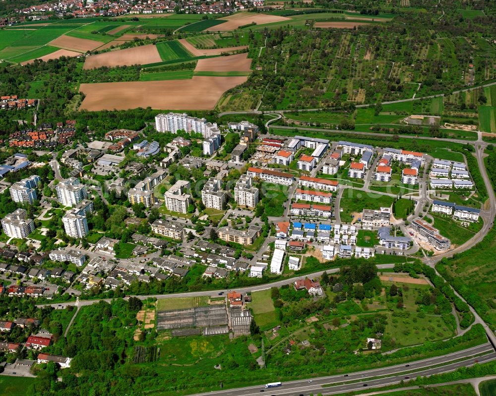 Aerial photograph Waiblingen - Residential area - mixed development of a multi-family housing estate and single-family housing estate in Waiblingen in the state Baden-Wuerttemberg, Germany