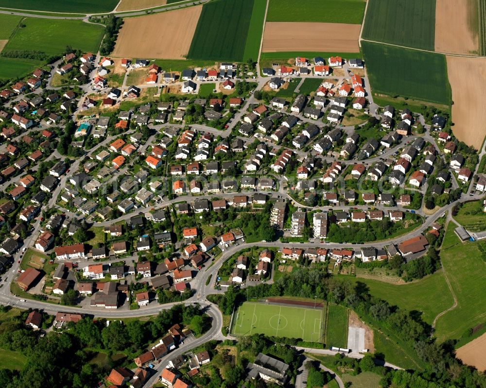 Weiler zum Stein from the bird's eye view: Residential area - mixed development of a multi-family housing estate and single-family housing estate in Weiler zum Stein in the state Baden-Wuerttemberg, Germany