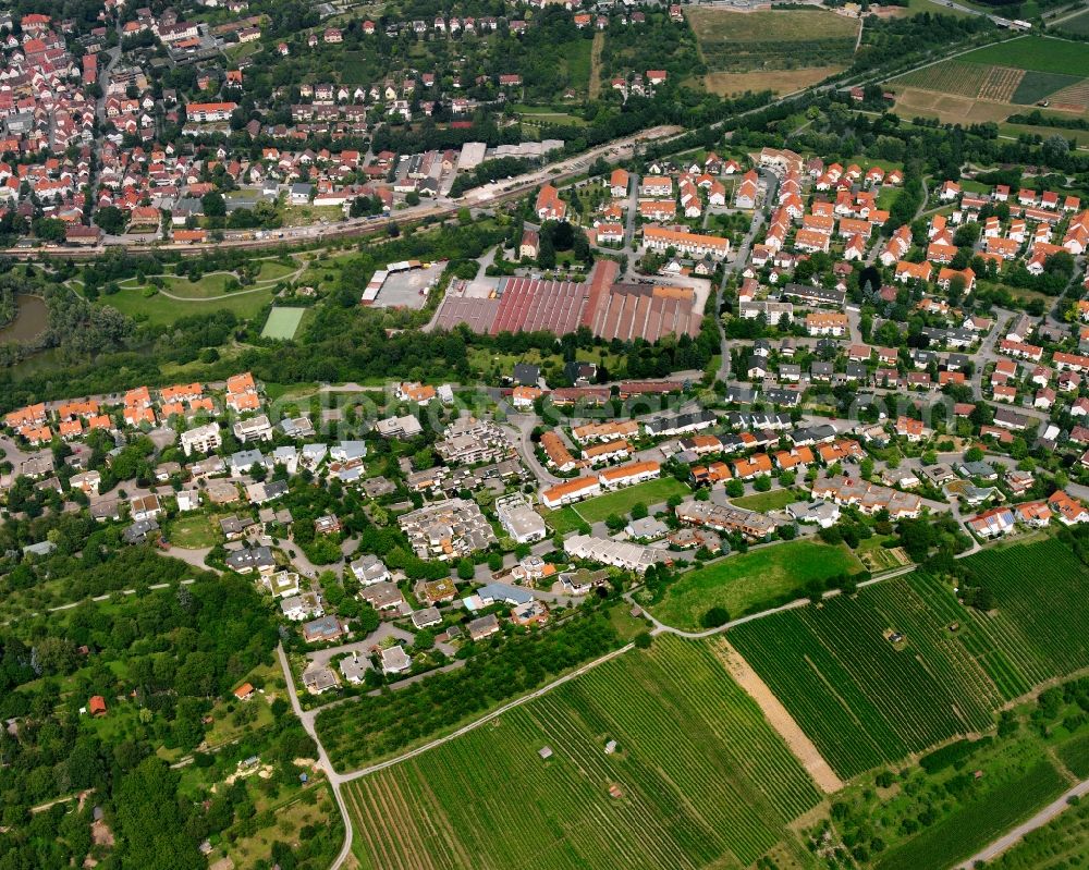 Weinsberg from above - Residential area - mixed development of a multi-family housing estate and single-family housing estate in Weinsberg in the state Baden-Wuerttemberg, Germany