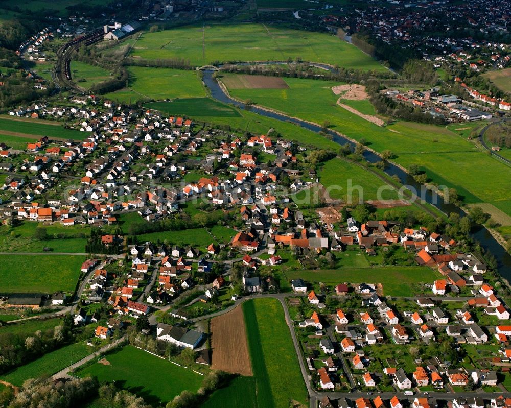 Wölfershausen from above - Residential area - mixed development of a multi-family housing estate and single-family housing estate in Wölfershausen in the state Hesse, Germany