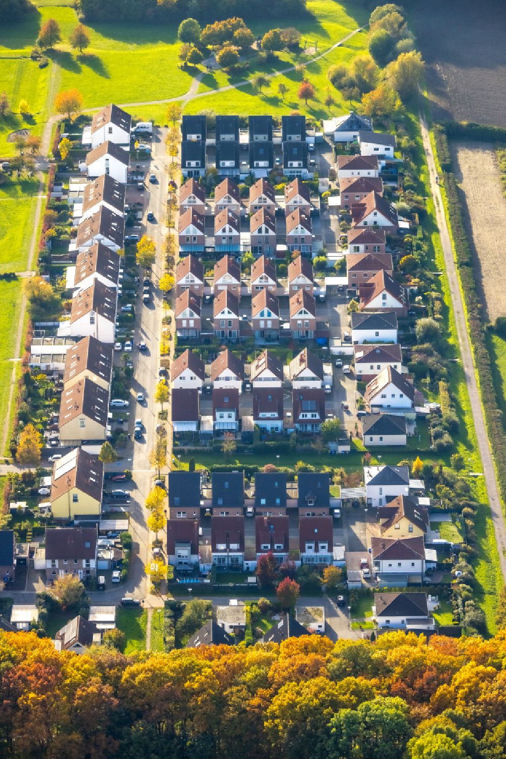 Aerial photograph Zweckel - residential area - mixed development of a multi-family housing estate and single-family housing estate on street Albert-Einstein-Strasse in Zweckel at Ruhrgebiet in the state North Rhine-Westphalia, Germany