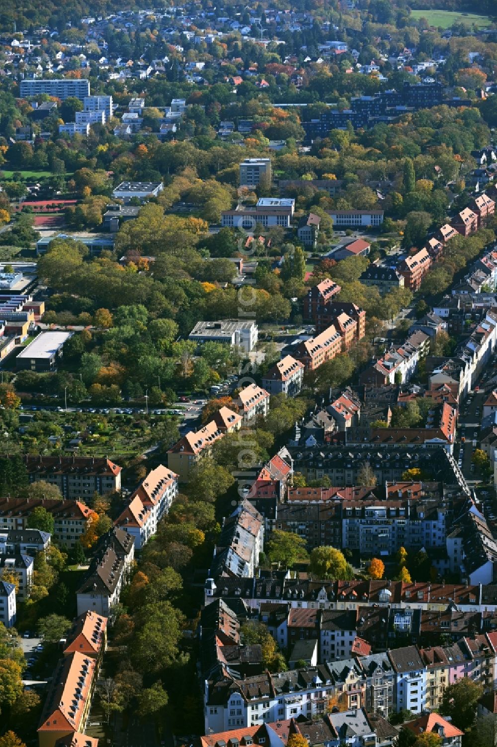 Darmstadt from the bird's eye view: Residential area a row house settlement Am Rhoehnring in the district Darmstadt-Nord in Darmstadt in the state Hesse, Germany