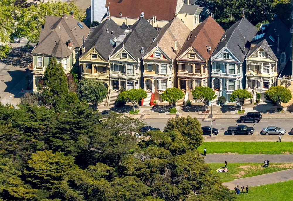 Aerial photograph San Francisco - Residential a row house at the Victorian houses with at the Painted Ladies Steiner Street in San Francisco, California, USA