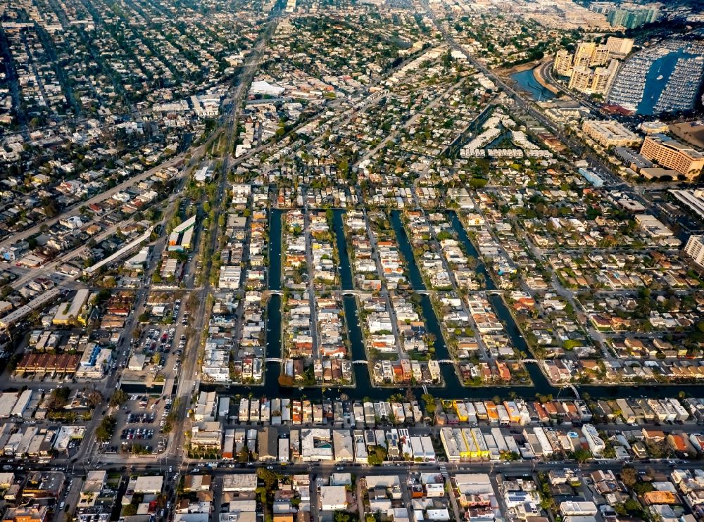 Aerial image Los Angeles - Residential area amidst water canals in the Venice neighborhood of Los Angeles in California, USA. Venice is known for its small rivers and canals such as the ones along Dell Ave