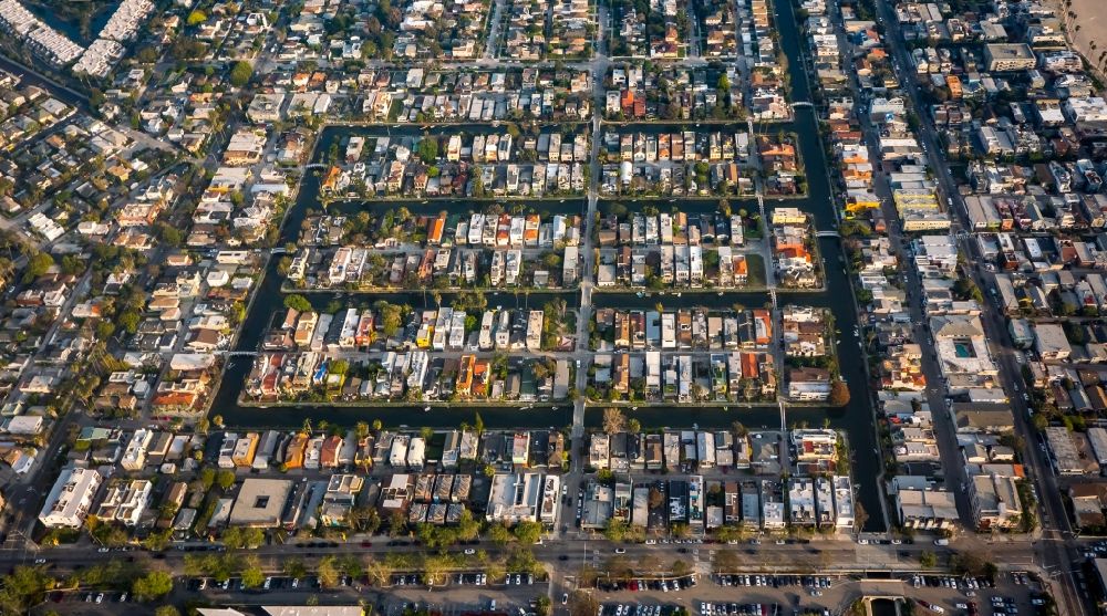 Los Angeles from above - Residential area amidst water canals in the Venice neighborhood of Los Angeles in California, USA. Venice is known for its small rivers and canals such as the ones along Dell Ave