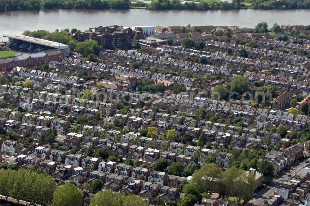 Aerial image London - View of residential areas in the district Fulham, London. You can see various residential complexes with row houses