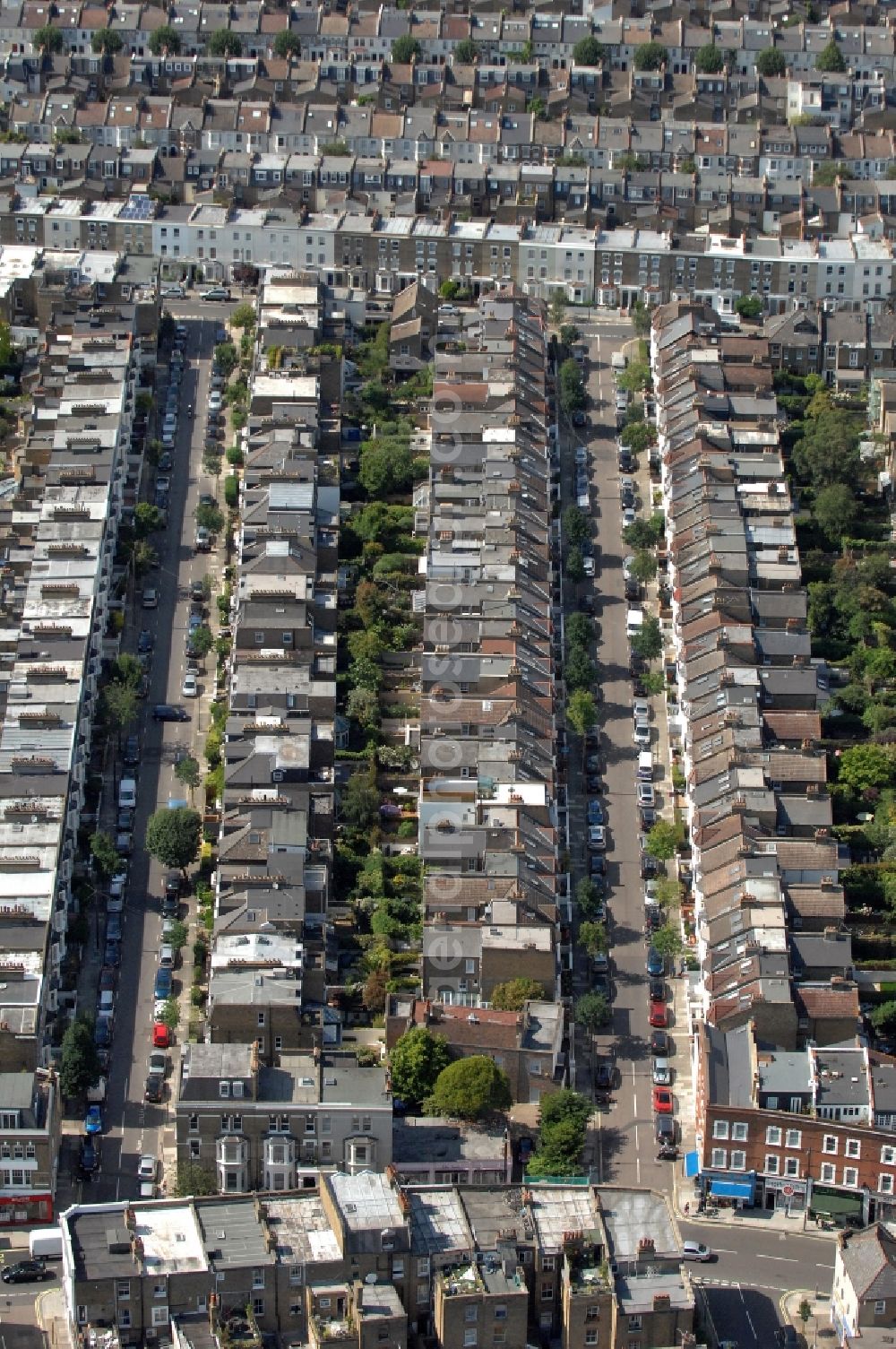 London from above - View of residential areas in the district Fulham, London. You can see various residential complexes with row houses