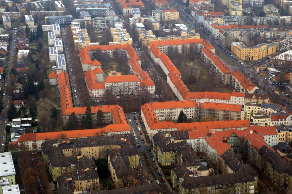 Berlin from above - Row housing settlement with peculiar red roofs in the district Hakenfelde in Berlin, Germany