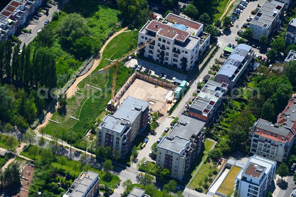 Berlin from above - Construction site for the multi-family residential building Fischzug - Krachtstrasse - Uferweg on island Stralau in the district Friedrichshain in Berlin, Germany