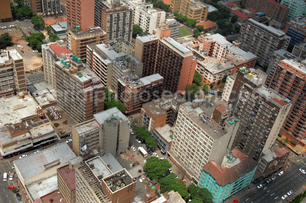 JOHANNESBURG from the bird's eye view: Residental area in the district of Hillbrow in Johannesburg, South Africa. Hillbrow belongs to the inner city of Johannesburg and is known für its high levels of population density, unemployment, poverty and crime