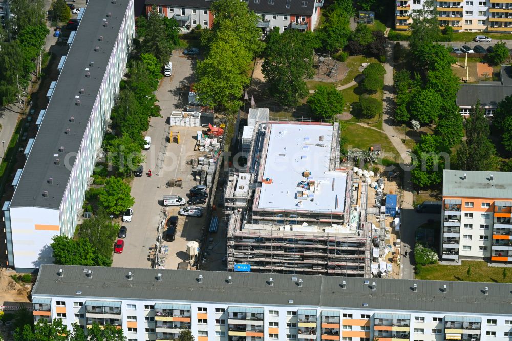 Bernau from the bird's eye view: Construction site of Dorm residential care home - building for the physically handicapped on Hermann-Duncker-Strasse in Bernau in the state Brandenburg, Germany