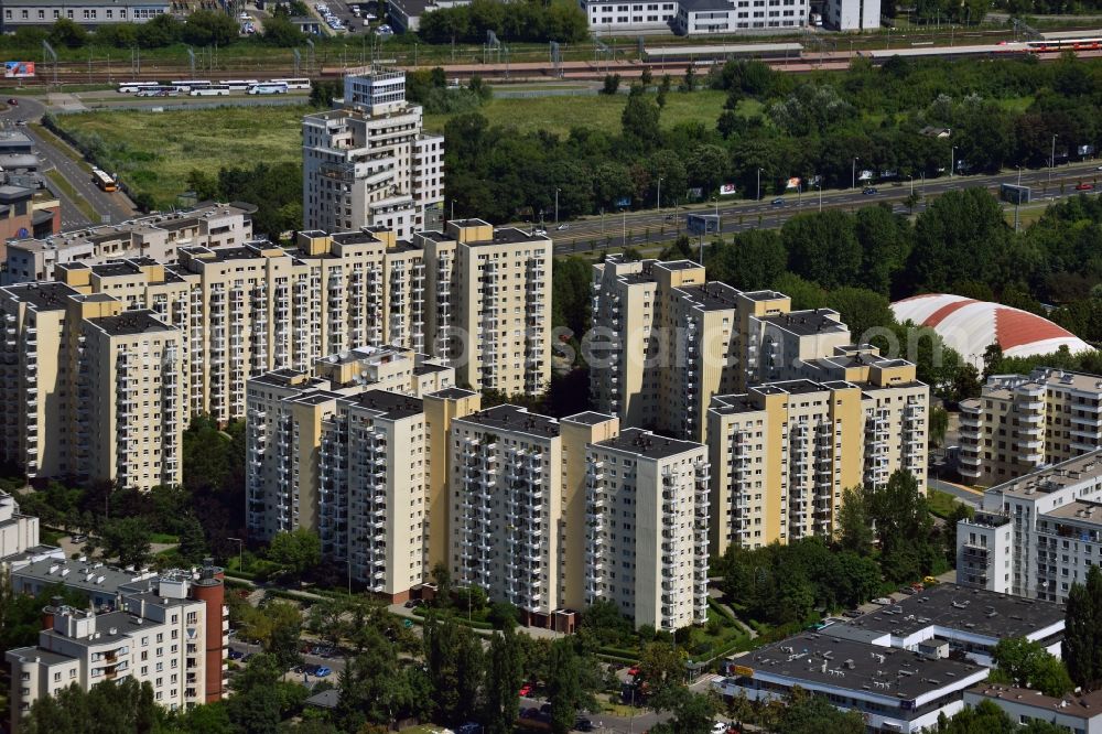 Aerial image Warschau - Residential area and buildings next to Arkadia Shopping Mall in downtown Warsaw in Poland. The high rise buildings are located south of the mall. The buildings are adjacent to the traffic junction Rondo Radoslawa