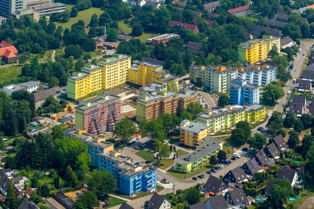 Recklinghausen from above - Settlement and estate in Recklinghausen in the state North Rhine-Westphalia. The colourful residential buildings of the estate were built in the 1970s and were renovated and modernised