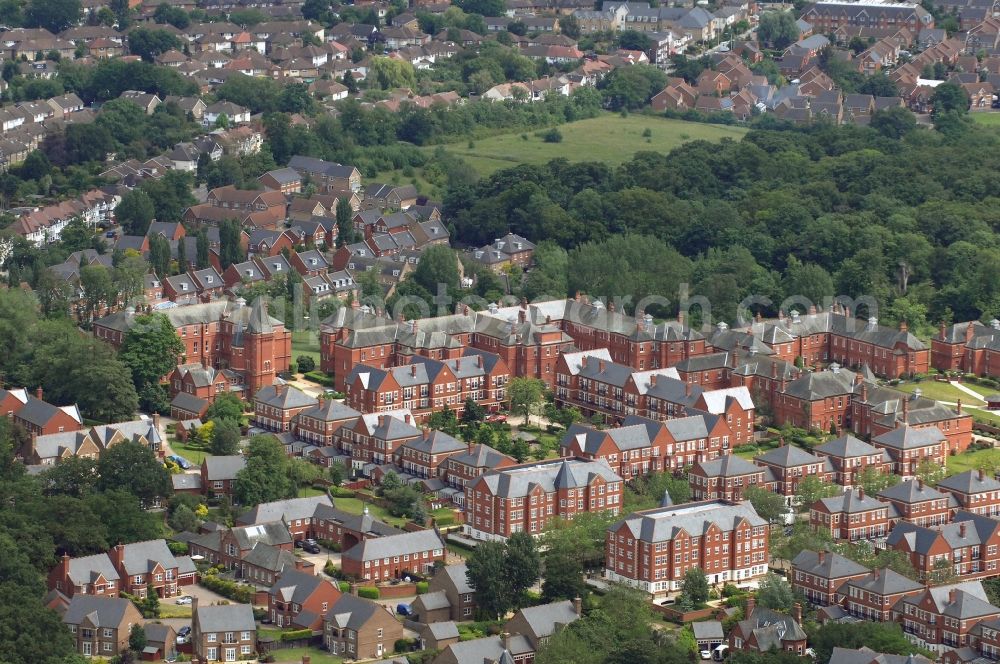 Aerial image London - View at the housing estate Repton Park in the district Woodford of London in the county of Greater London in the UK. Until 1997, the today consists of exclusive condominium residential complex was the psychiatric clinic Claybury Hospital