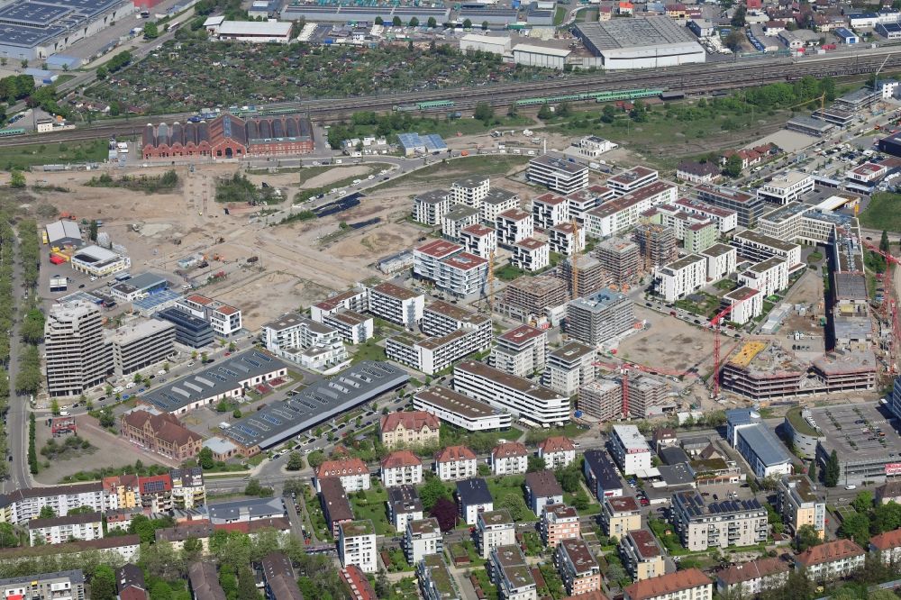 Aerial image Freiburg im Breisgau - District Gueterbahnhof Nord in the city in Freiburg im Breisgau in the state Baden-Wurttemberg, Germany. Buildings arise on the area of the former Goods Station North