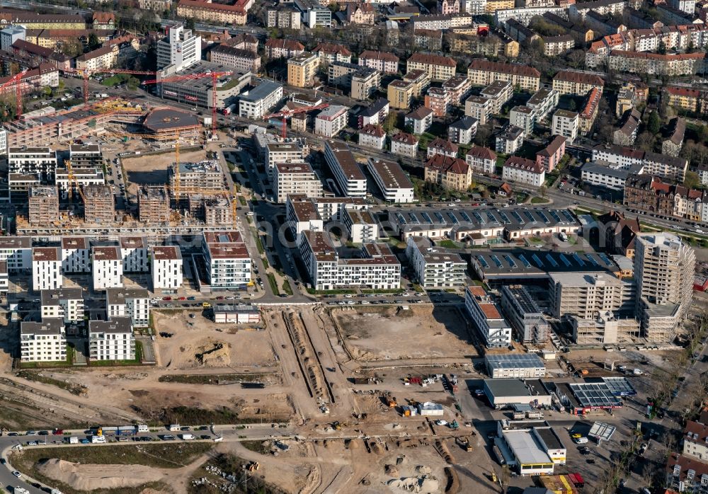 Aerial image Freiburg im Breisgau - District Gueterbahnhof Nord in the city in Freiburg im Breisgau in the state Baden-Wurttemberg, Germany. Buildings arise on the area of the former Goods Station North