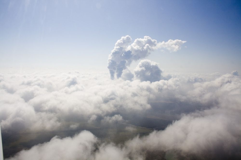 Aerial photograph Lippendorf - Clouds - formation by steam rise of the cooling towers at Lippendorf in Saxony