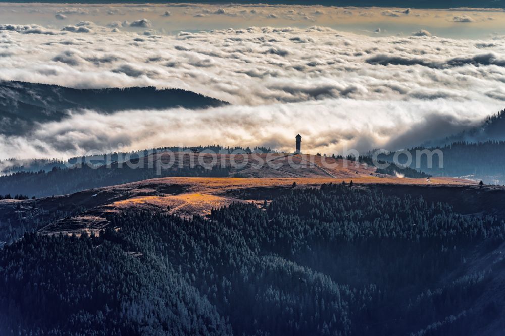 Aerial image Feldberg (Schwarzwald) - Weather-dependent telecommunications tower structure and television tower enveloped by a layer of cloud in Feldberg (Schwarzwald) at Schwarzwald in the state Baden-Wuerttemberg, Germany