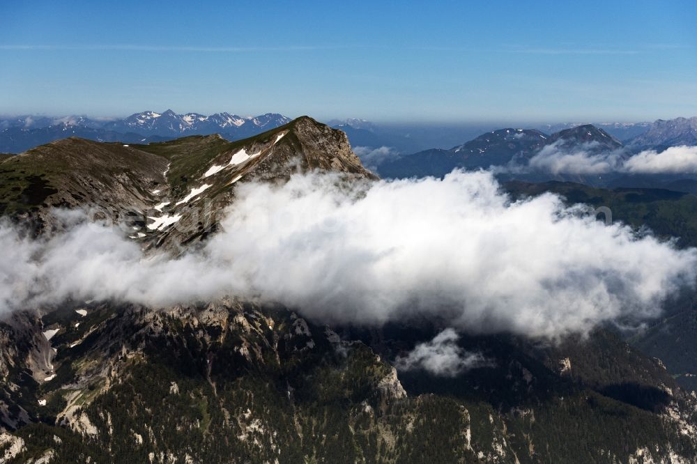 Aerial image Eisenerz - Clouds on Rocky and mountainous landscape of Tullingeralm in den Ennstaler Alpen in Eisenerz in Steiermark, Austria