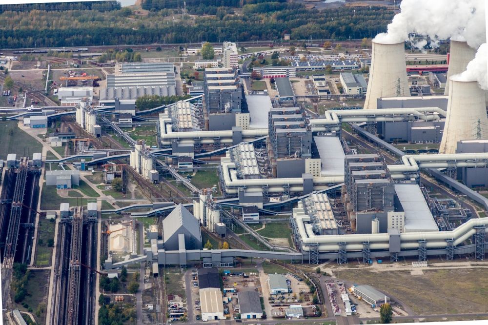 Aerial image Teichland - Clouds of exhaust gas in the cooling towers of the power plant Jaenschwalde, a lignite-fired thermal power plant in southeastern Brandenburg. Power plant operator is to Vattenfall Europe belonging Vattenfall Europe Generation AG, which emerged from VEAG