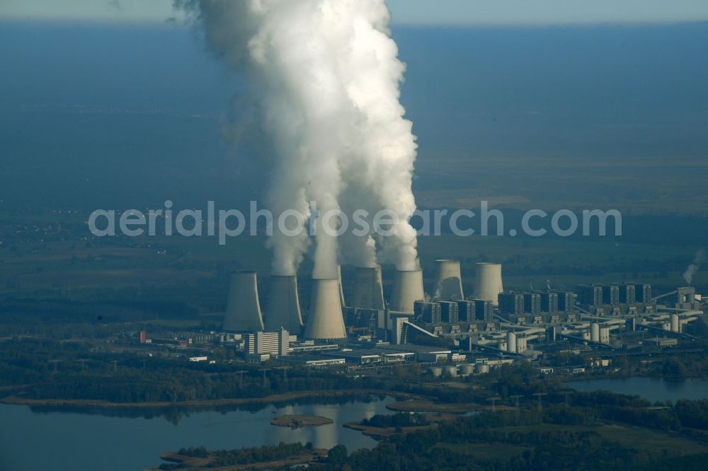 Jänschwalde from above - Clouds of exhaust gas in the cooling towers of the power plant Jaenschwalde, a lignite-fired thermal power plant in southeastern Brandenburg. Power plant operator is to Vattenfall Europe belonging Vattenfall Europe Generation AG, which emerged from VEAG