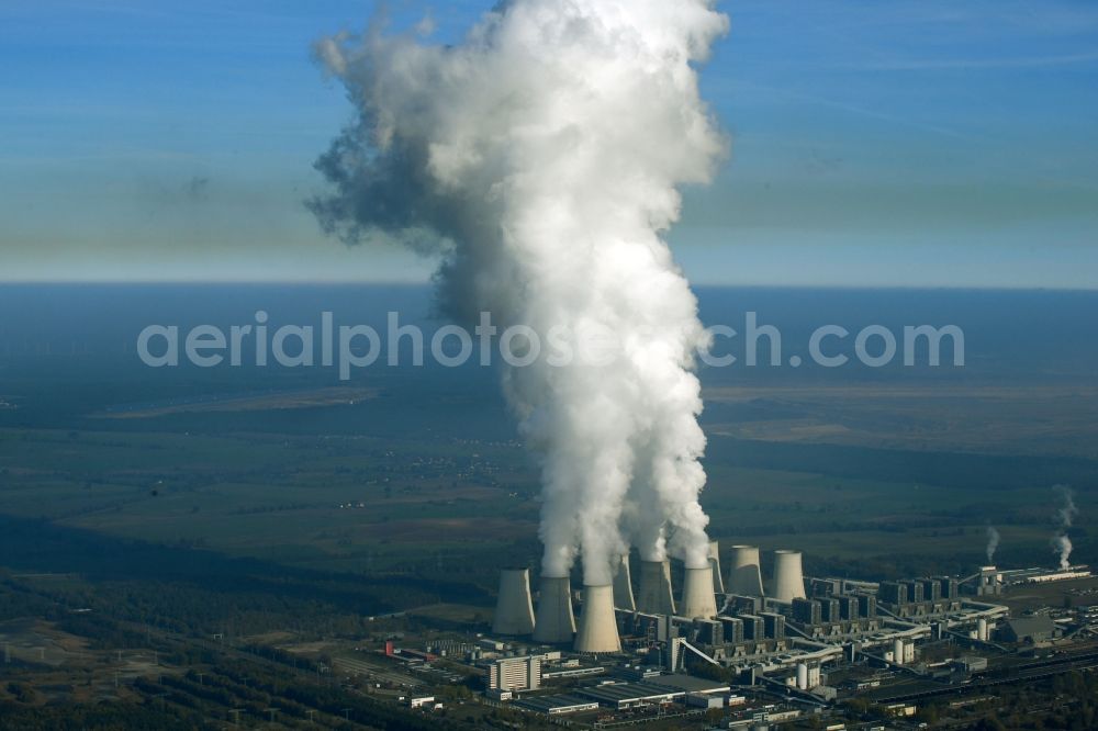 Jänschwalde from above - Clouds of exhaust gas in the cooling towers of the power plant Jaenschwalde, a lignite-fired thermal power plant in southeastern Brandenburg. Power plant operator is to Vattenfall Europe belonging Vattenfall Europe Generation AG, which emerged from VEAG