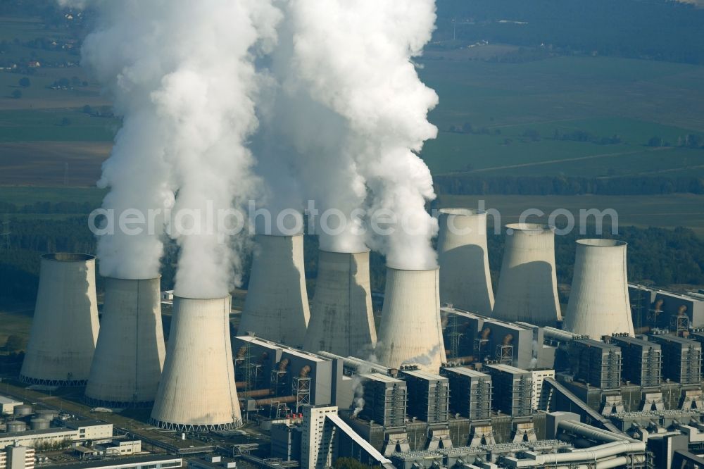 Aerial image Jänschwalde - Clouds of exhaust gas in the cooling towers of the power plant Jaenschwalde, a lignite-fired thermal power plant in southeastern Brandenburg. Power plant operator is to Vattenfall Europe belonging Vattenfall Europe Generation AG, which emerged from VEAG