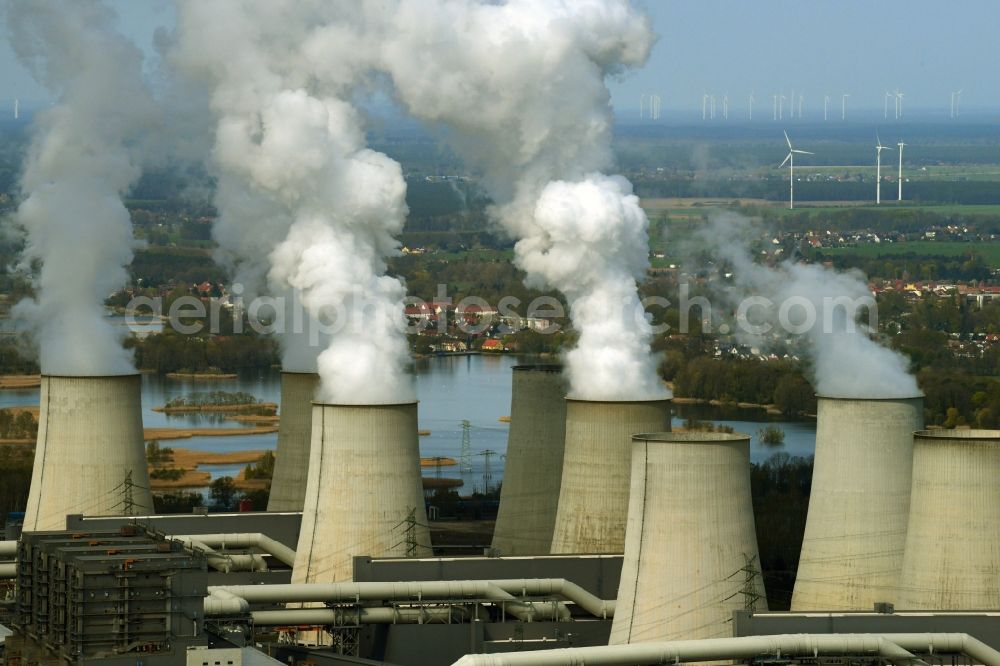 Aerial photograph Teichland - Clouds of exhaust gas in the cooling towers of the power plant Jaenschwalde, a lignite-fired thermal power plant in southeastern Brandenburg, Germany. Power plant operator is to Vattenfall Europe belonging Vattenfall Europe Generation AG, which emerged from VEAG