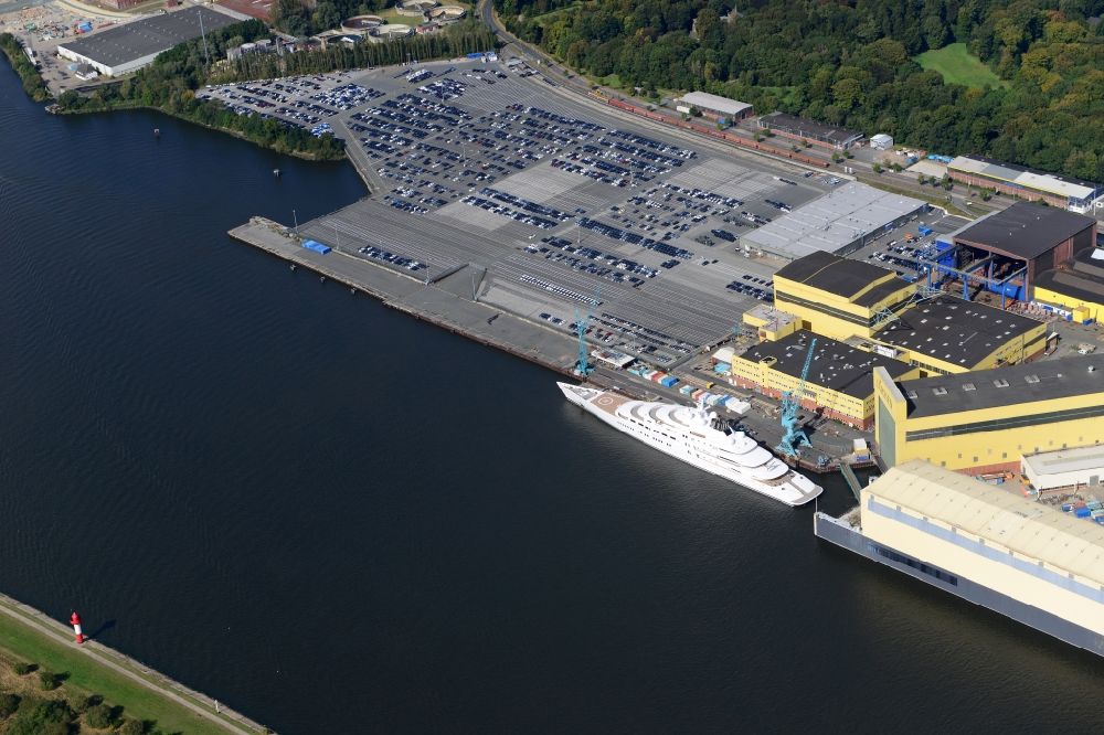Aerial photograph Bremen - Yacht Azzam at the wharf of Luerssen on the river Weser at the Vegesack part of Bremen in Germany. The luxury yacht was built by Luerssen and is the longest Wolfgang Gerberely owned yacht in the world