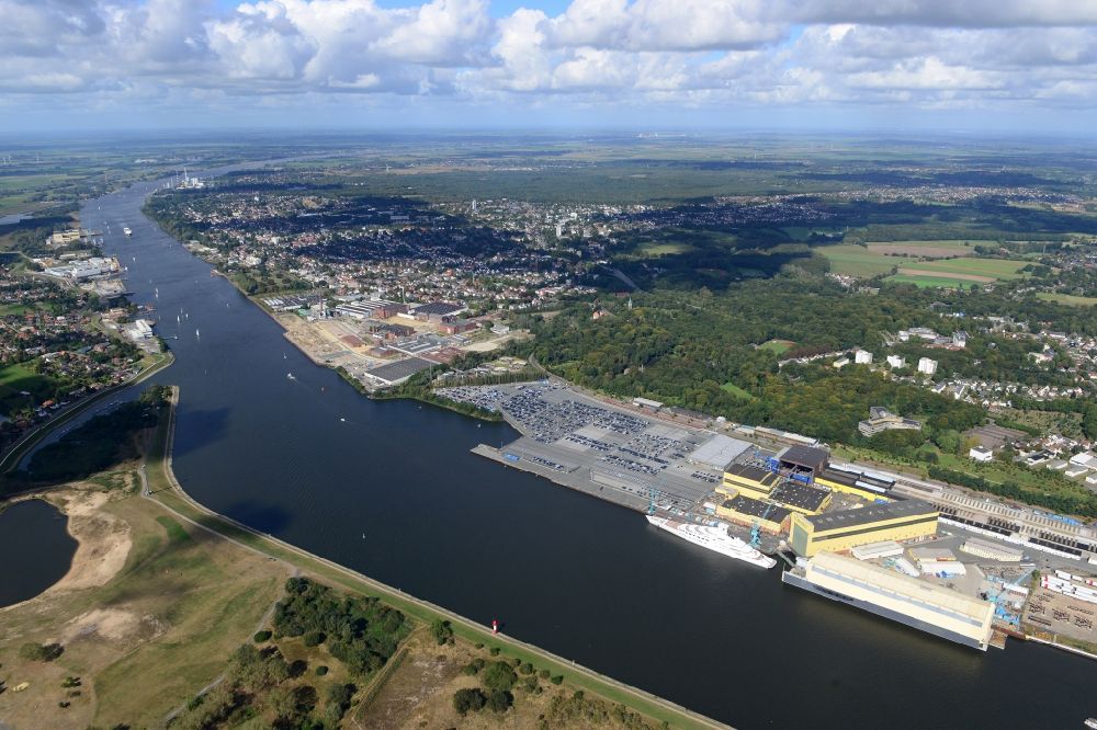 Aerial image Bremen - Yacht Azzam at the wharf of Luerssen on the river Weser at the Vegesack part of Bremen in Germany. The luxury yacht was built by Luerssen and is the longest Wolfgang Gerberely owned yacht in the world