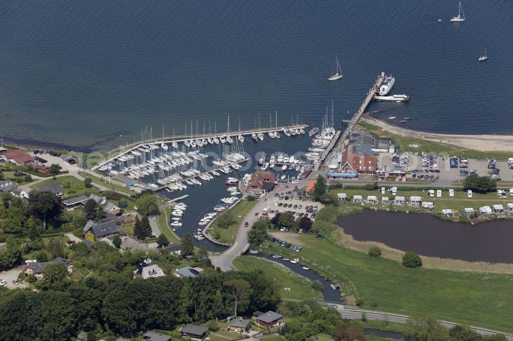 Aerial photograph Langballig - Marina with boat moorings and steamship landing on the shore area Langballigau in Langballig in Schleswig-Holstein