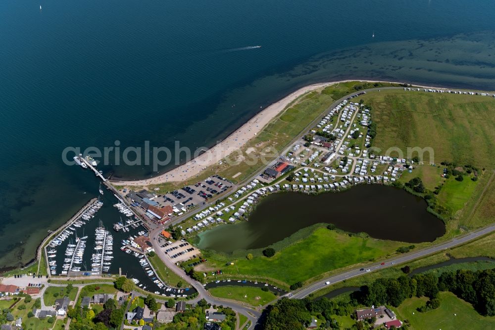 Langballig from the bird's eye view: Marina with boat moorings on the shore area Langballigau in Langballig in Schleswig-Holstein