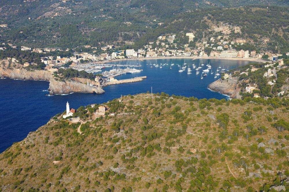 Port de Soller from above - Pleasure boat marina with docks and moorings on the shore area Balearic Sea in Port de Soller in Balearic Islands, Spain