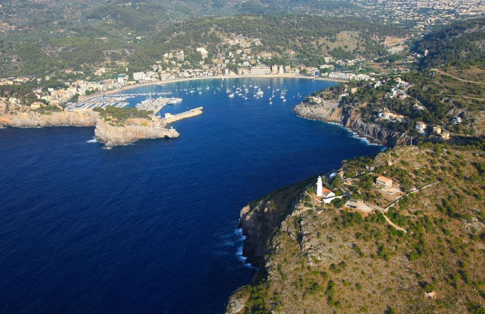 Port de Soller from the bird's eye view: Pleasure boat marina with docks and moorings on the shore area Balearic Sea in Port de Soller in Balearic Islands, Spain