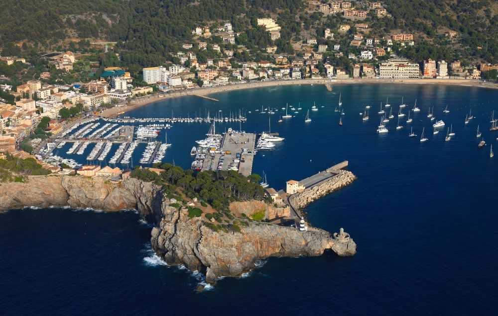 Aerial image Port de Soller - Pleasure boat marina with docks and moorings on the shore area Balearic Sea in Port de Soller in Balearic Islands, Spain