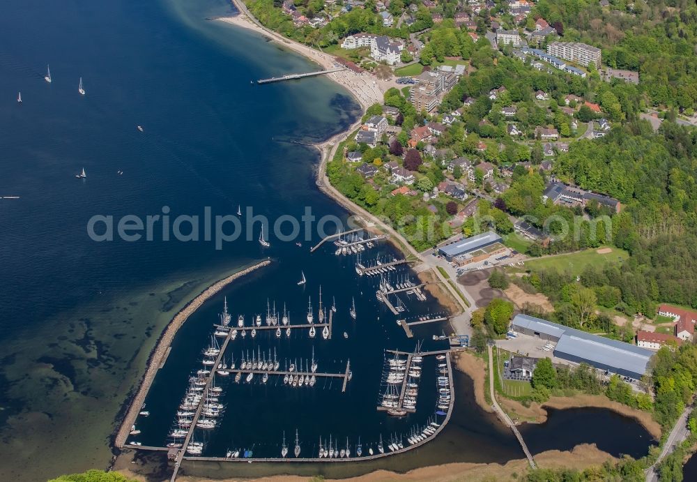 Glücksburg from above - Marina with pleasure craft moorings and boat berths on the shore area of the Flensburg Fjord in Gluecksburg in Schleswig-Holstein, Germany