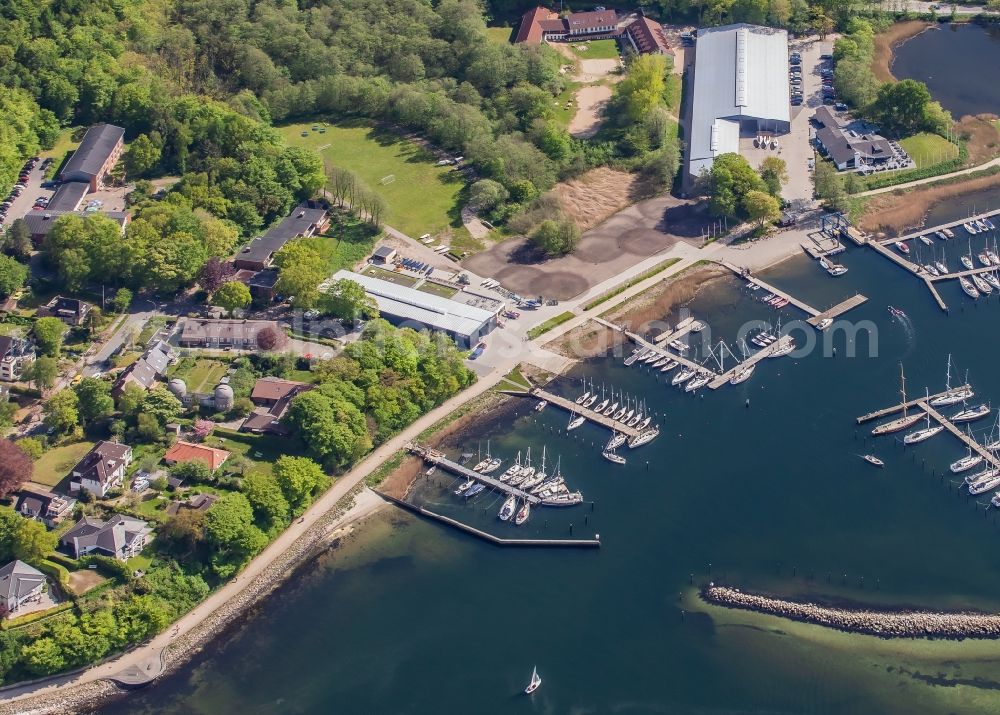 Aerial image Glücksburg - Marina with pleasure craft moorings and boat berths on the shore area of the Flensburg Fjord in Gluecksburg in Schleswig-Holstein, Germany