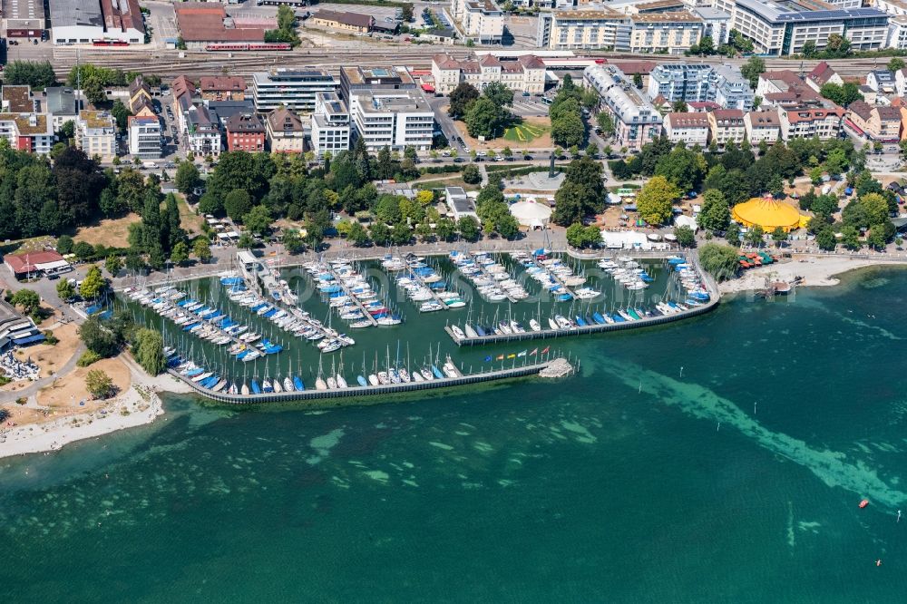 Aerial image Friedrichshafen - Pleasure boat marina with docks and moorings on the shore area in Friedrichshafen in the state Baden-Wurttemberg, Germany
