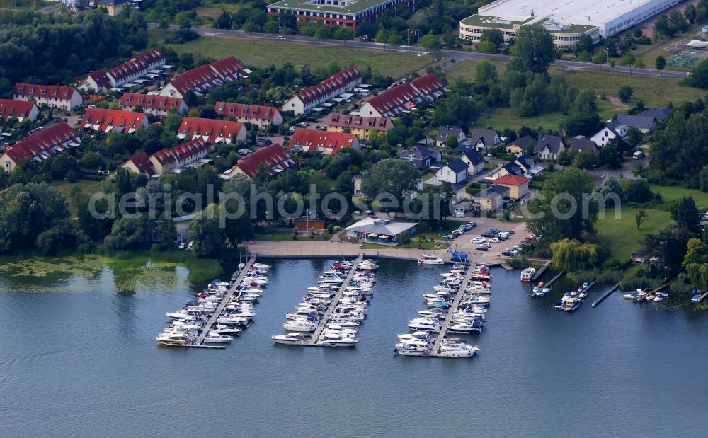 Werder (Havel) from above - Pleasure boat marina with docks and moorings on the shore area the Havel in the district Toeplitz in Werder (Havel) in the state Brandenburg, Germany