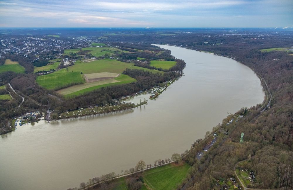 Aerial image Fischlaken - Fish-eye perspective of the marina Essener Yacht-Club with sports boat moorings and boat berths on the shore area of the flood-leading Ruhr in Fischlaken in the state of North Rhine-Westphalia, Germany