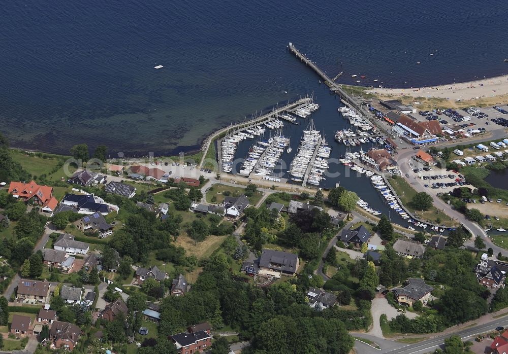 Aerial image Langballig - Pleasure boat marina with docks and moorings on the shore area in Langballig in the state Schleswig-Holstein