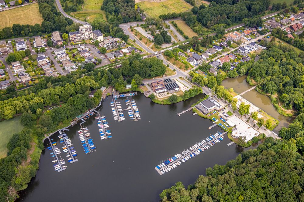 Aerial image Haltern am See - Pleasure boat marina with docks and moorings on the shore area Muehlenbach in Haltern am See at Ruhrgebiet in the state North Rhine-Westphalia, Germany