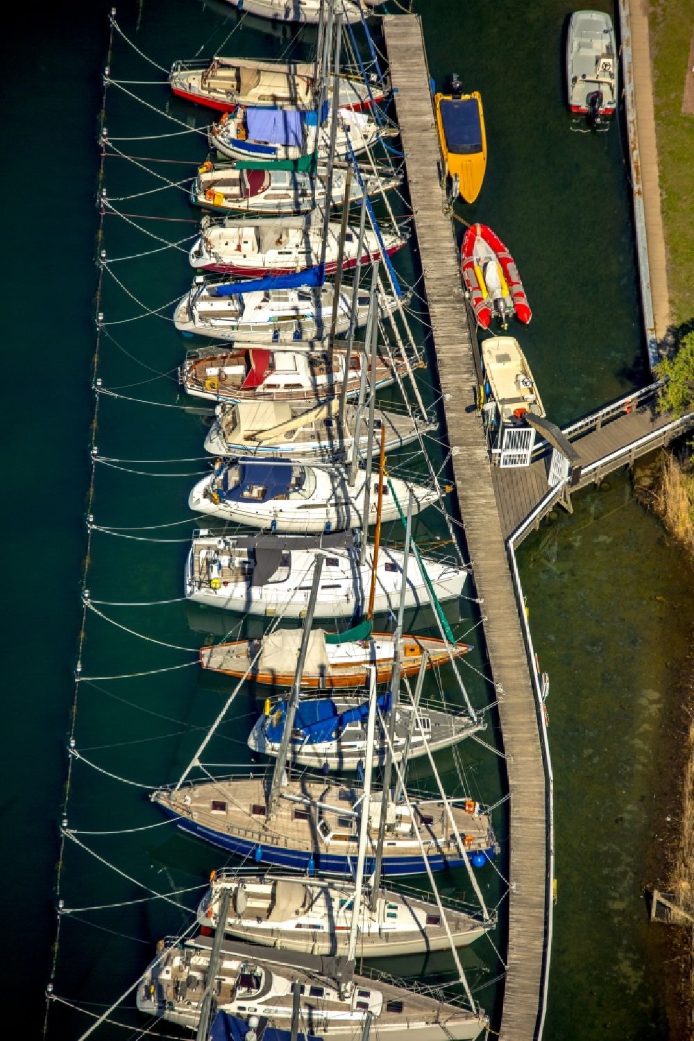 Neustadt in Holstein from the bird's eye view: Pleasure boat marina with docks and moorings on the shore area in Neustadt in Holstein in the state Schleswig-Holstein