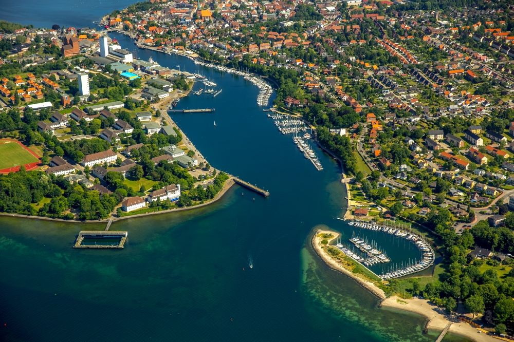Neustadt in Holstein from above - Pleasure boat marina with docks and moorings on the shore area in Neustadt in Holstein in the state Schleswig-Holstein