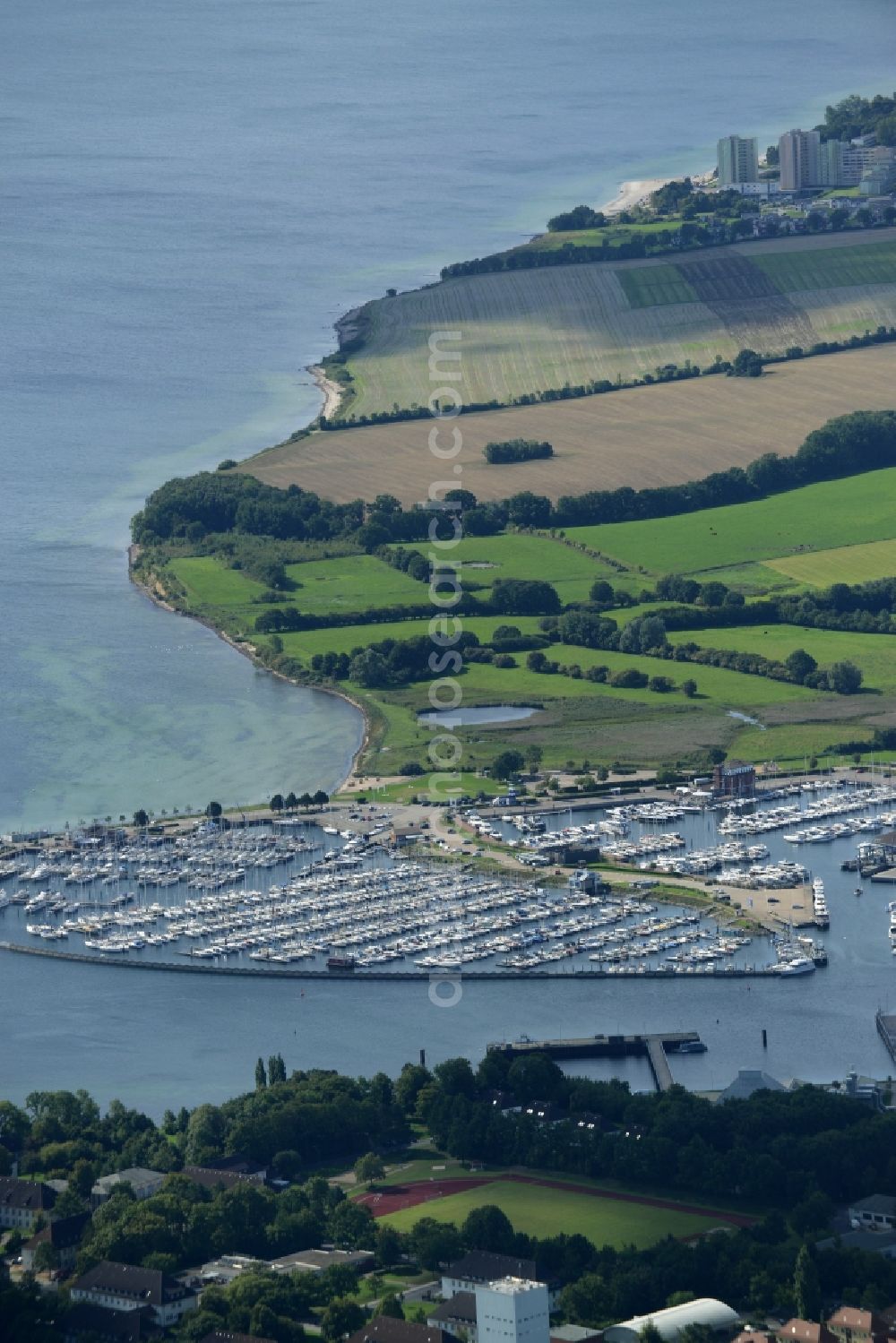 Neustadt in Holstein from above - Pleasure boat marina with docks and moorings of the ancora Marina on the shore area of the Baltic Sea in Neustadt in Holstein in the state Schleswig-Holstein