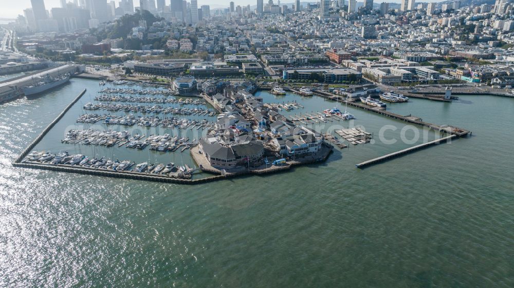 San Francisco from the bird's eye view: Pleasure boat marina with docks and moorings on the shore area PIER 39 Beach Street in San Francisco in California, USA