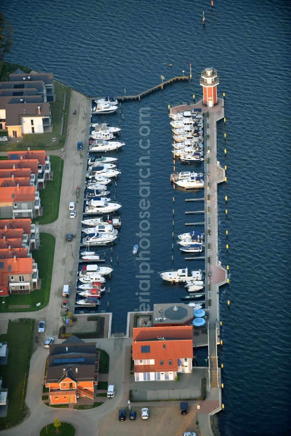 Plau am See from above - Pleasure boat marina with docks and moorings on the shore area of Plauer See in Plau am See in the state Mecklenburg - Western Pomerania